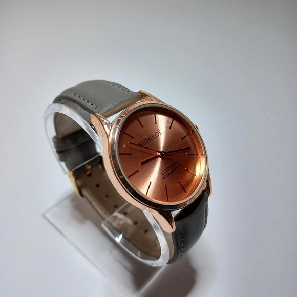 MONROE Ladies Classique Rose Gold Tone Solerose Gray Leather Quartz Watch - Picture 3 of 7